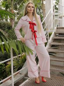 Elenary Edit 女士秋冬新款圣诞节和情人节休闲家居日常前领蝴蝶结撞色滚边粉色衬衫和宽松粉色裤子两件套睡衣套装 - 粉色 - 查看 5