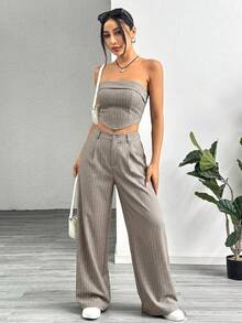 SHEIN EZwear 女士梭织亚麻卡其色条纹抹胸上衣和西装裤休闲套装，夏季 - 卡其色 - 查看 5