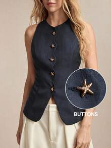 BizChic Blue Tank Top, Round Neck, Waist-Cinched, Casual, Sporty, Country, Daily, Business, Formal, Commute, Date, Vacation, Office, Slimming, Elegant, Sexy, Versatile, Summer, Autumn, Halloween, Back To School, Party, Birthday, Wedding Guest, Church, Special Occasion, Outing, Beach, Gathering, Social, Holiday, Shopping, Afternoon Tea, Travel, Vacation, Slouchy, Street, Minimalist - Navy Blue - View 1