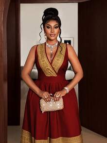 Maweii Plus Size Women V-Neck Ruched Waist Colorblock Elegant Party Dress - Red - View 6