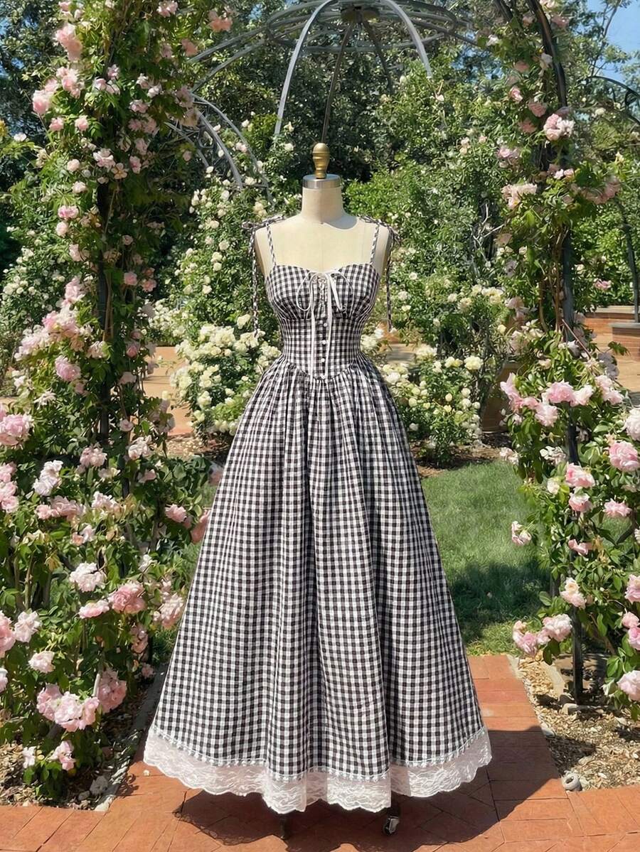 SHEIN MOD Red & White Plaid Romantic Cute Countryside Style Midi Dress - Black and White - View 1