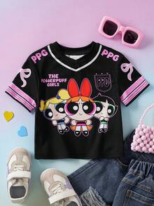 THE POWERPUFF GIRLS X SHEIN Baby Girl Casual Cartoon Print Short Sleeve Top, Summer - Black - View 1