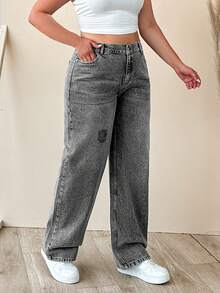 EURMUSE 100% Cotton Plus Size Women's Mid-Blue Elastic Waist Straight Leg Jeans - Grey - View 3