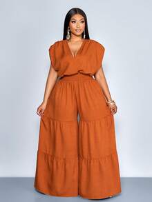 SOLERSUN Burnt Orange Plus Size Women's Summer Elegant Vacation Jumpsuit,Cotton Linen Blend V-Neck Sleeveless Ruched Cinched Waist Pocket Paneled Outfits - Rust Brown - View 5