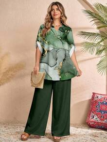 EMERY ROSE 2pcs Plus Size Green Foil Abstract Floral Print Shirt And Pants Set - Multicolor - View 5