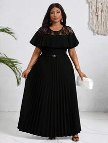 Villa Velisse Plus Size Women's Elegant Lace Patchwork Pleated Black Dress, Suitable For Daily Wear, Gatherings, Afternoon Tea, Graceful And Slimming, Black Style, Charming Urban Lady, Office Wear - Black - View 5