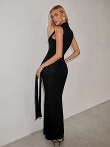 SHEIN ICON Women's Shiny Metallic Solid Color Wrap Tie Maxi Mermaid Dress,Elegant Black Bodycon Long Dress For Summer,Night Out Party,Photoshoot & Formal Event - Black - View 2
