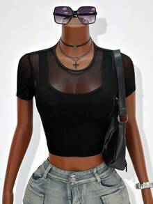 Mistrie Sheer Mesh Sexy Black Short Sleeve T-Shirt, Mesh Splice Round Neck Fitted Cropped Top, Spicy Girl Minimalist Sexy Style Tight Midriff-Revealing Undershirt/Outerwear - Black - View 7