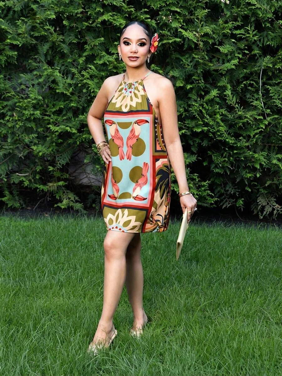 Melissa Matos 女式花卉印花度假休闲挂脖迷你连衣裙、度假风格、编织图案印花、女士休闲夏季度假服装、波西米亚海滩度假服装、波西米亚风时尚、节日服装、女士沙滩服装、女士夏季服装、毕业服装、女士生日服装、海滩必备品、女士机场服装、7 月 4 日女士服装、俱乐部服装、茶会礼服、生日礼服、夏季太阳裙、露肩、波西米亚风女装 - 彩色 - 查看 1