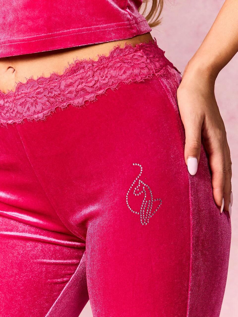 BABYPHAT Women's Velour Flare Leggings With Lace Waist Detail And Rhinestone Embellishments Pink Luxurious Wide Leg Pants For Cozy Comfort