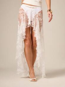 AiiRZ Falda larga asimétrica de encaje blanco con volantes, estilo bohemio y elegante, transparente, para cubrir sobre el traje de baño, ideal para el verano y festivales - Blanco - Ver 3