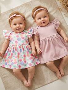 SHEIN 2pcs Newborn Baby Girls Floral Print Round Neck Cap Sleeve Solid Color Pink Casual Waisted Cute Mini Dress, Suitable For Summer Outings Or Travel - Pink - View 12