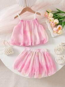 Bộ 2 món cho bé gái mùa hè, kiểu dáng thanh lịch, ngọt ngào, dễ thương, phong cách Hàn Quốc, áo hai dây nhuộm màu tie-dye và quần short ống loe nhuộm màu tie-dye, thích hợp cho đi làm, du lịch, mùa hè. - Hồng - Xem 2