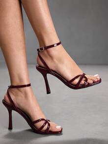 CUCCOO SZL Women's Square Toe Rhinestone Ankle Strap Sandals For Christmas Prom Heels Summer Shoes - Burgundy - View 7