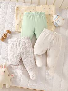 SHEIN 3件/組新生女嬰可愛連腳褲，素色 + 花卉 + 迷你印花，春/秋季嬰兒保暖腿套嬰兒褲套裝嬰兒衣中性新生兒褲嬰兒連腳褲 - 彩色 - 查看 2