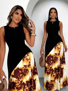 Lineaform Women's Round Neck Black And White Elegant Color Block Waist Cinched Long Party Night Dress,Sleeveless Bodycon Summer Sun Tummy Control Dress - Multicolor - View 1