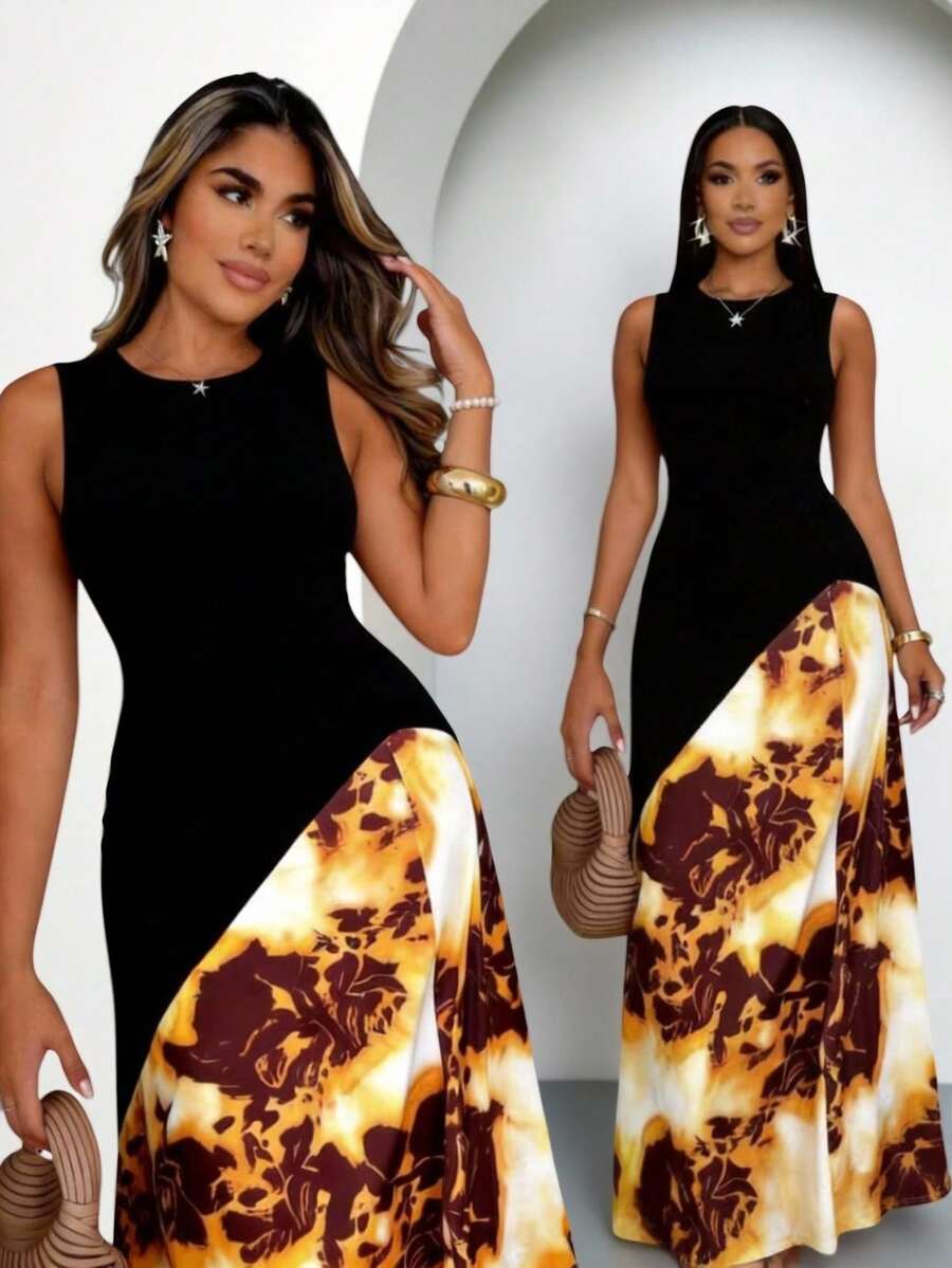 Lineaform Women's Round Neck Black And White Elegant Color Block Waist Cinched Long Party Night Dress,Sleeveless Bodycon Summer Sun Tummy Control Dress - Multicolor - View 1