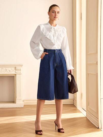 SHEIN High Waist Smart Casual Denim Raw Dark Wash Jort Bermuda