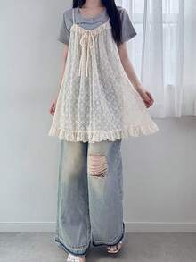 FRIFUL 女士系带蕾丝休闲百搭吊带背心，夏季款 - 米色 - 查看 2