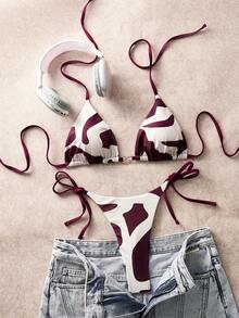 SHEIN Swim Chicsea 26SS 优雅棕色波浪纹比基尼套装，适合海滩度假穿着，春夏款 - 彩色 - 查看 5