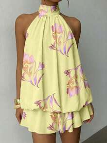 Aloruh Vestido con estampado floral retro elegante y romántico en amarillo y morado, de estilo minimalista y casual, adecuado para fiestas de cumpleaños, bodas, festivales de música, playa, vacaciones y salidas de verano. Vestido corto con cuello halter y volantes para mujeres. - Multicolor - Ver 4