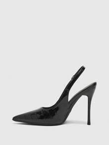 CUCCOO BIZCHIC Elegant Women Slingback Heels Textured Glossy Finish Pointed Toe Stiletto High Heel Pumps - Black - View 10