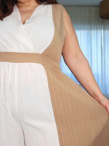 Pretty and Ole Plus Size Women's Pleated V-Neck Cinched Waist Wide Leg Jumpsuit, Elegant Casual Wear For Work, Travel And Daily - Brown - View 3