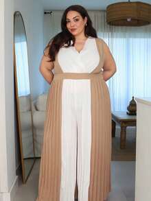 Pretty and Ole Plus Size Women's Pleated V-Neck Cinched Waist Wide Leg Jumpsuit, Elegant Casual Wear For Work, Travel And Daily - Brown - View 6