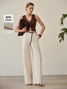 MOTF PREMIUM 女士杏色亚麻直筒休闲裤，时尚舒适，适合春夏穿着 - 杏色 - 查看 2