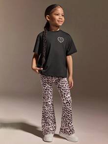 SHEIN Young Girls' Casual Leopard Print Sportswear Set,Baby Pink,Autumn Winter Relaxed-Fit Logo Tee And Flared High-Stretch Pants,Soft Active, Fall, Yoga - Black - View 7