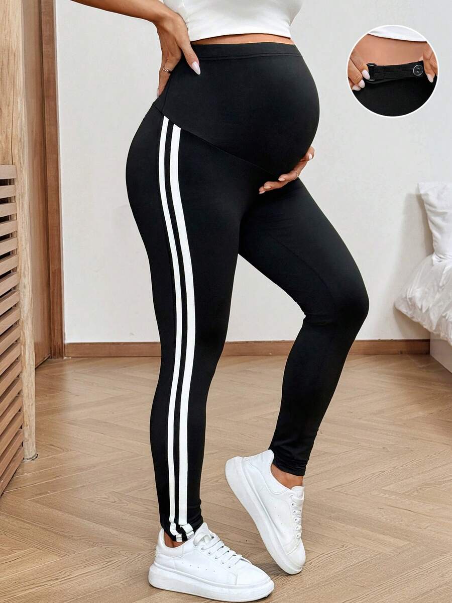 SHEIN 孕妇可调节腰带侧条纹休闲打底裤 - 黑色 - 查看 1