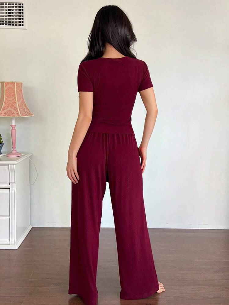 2pcs/Set Women's Solid V-Neck Fitted Short Sleeve T-Shirt And Loose Straight Long Pants Pajama Set, Summer