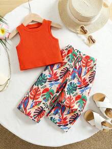 SHEIN 2pcs Baby Girl Knitted Solid Color Casual Top And Ditsy Floral Pants Set Baby Girl Two Pieces Set Girl Tropical Outfit Baby Girl Tropical Vacation Clothes Orange Two Pieces Outfit Hawaiian Outfits, Kids - Multicolor - View 7