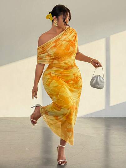 Firerie Plus Size Women Floral Print Ruched Asymmetric Shoulder Fitted Elegant Dress