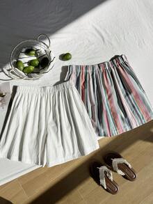 SHEIN EZwear 彩色条纹和纯色亚麻系带休闲宽松加大码短裙两件套，春夏女装棉质服装，条纹半身裙，沙滩裙 - 彩色 - 查看 2