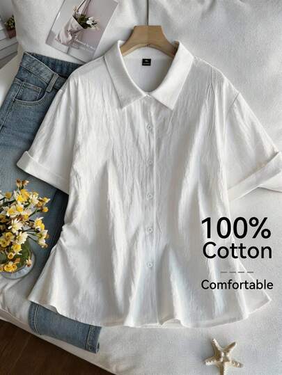 Comfortcana Áo sơ mi ngắn tay đơn sắc tối giản, cỡ lớn, thích hợp mặc hàng ngày.