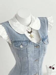 Elamini Đầm denim nữ mùa hè kiểu dáng thường ngày, cài cúc phía trước, không tay. - Rửa nhẹ - Xem 5