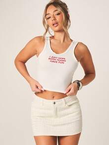 MISSGUIDED Camiseta de tirantes con texto impreso, eslogan humorístico, cuello redondo casual, top de verano con cita sarcástica, camiseta blanca, ropa deportiva de la Copa del Mundo - Blanco - Ver 1