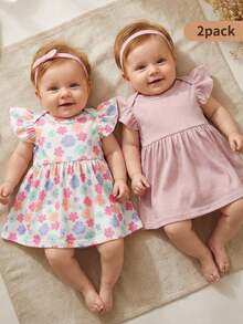 SHEIN 2pcs Newborn Baby Girls Floral Print Round Neck Cap Sleeve Solid Color Pink Casual Waisted Cute Mini Dress, Suitable For Summer Outings Or Travel - Pink - View 13