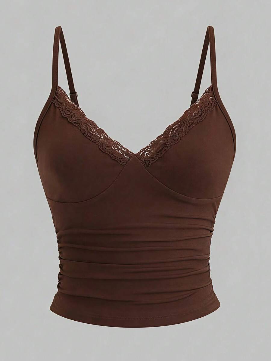 INAWLY Áo camisole ren xếp nếp màu trơn dành cho nữ - màu nâu - Xem 1
