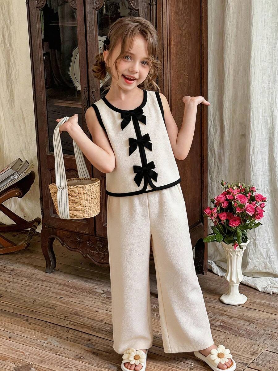 SHEIN LMoss Kids 2件組少女純色無袖上衣與長褲套裝,適合少女 - 卡其色 - 查看 1