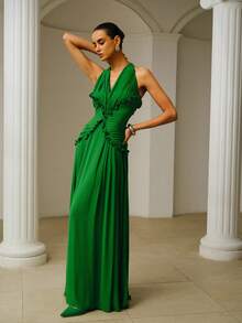ZEYLAH Elegant Extra Long Ruched Flounce Hem Dress, Spring/Summer - Green - View 4