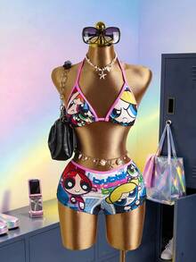 THE POWERPUFF GIRLS X SHEIN 女士夏季沙滩卡通印花露背系带性感比基尼泳装套装 - 彩色 - 查看 1
