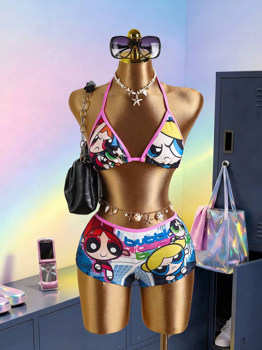 THE POWERPUFF GIRLS X SHEIN 女士夏季沙滩卡通印花露背系带性感比基尼泳装套装 - 彩色 - 查看 1