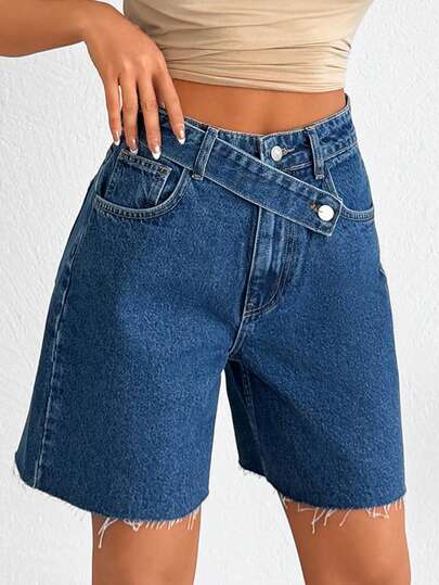EURMUSE Women's High Waist Pocketed Button Casual Versatile Daily Wear Denim Shorts