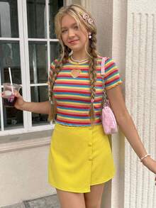 SHEIN 2pcs/Set Teen Girl Heart Hollow Embroidery Striped T-Shirt & Solid Color Button Faux Skort,Kids - Yellow - View 4