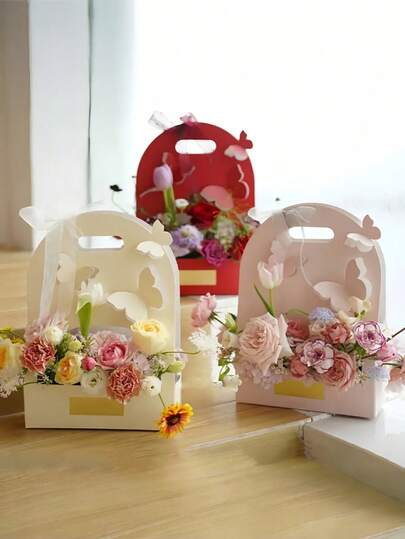 1/3/5 PCS Handheld Flower Bouquet Box Paper Bowknot Gift Box Floral Arrangement Holder Wrapping Packaging Container For Mother Day Valentine Wedding Teacher Appreciation Party Favor Decoration