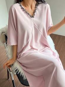 DAZY Women's Elegant Sequin Ruffle Collar Loose Nightgown, Summer - Pink - View 6