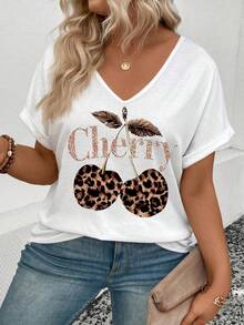 EMERY ROSE New Arrival Spring/Summer Leopard Print Cherry V-Neck Short Sleeve Plus Size Women T-Shirt - White - View 4
