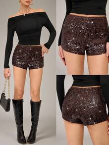 SHEIN Tall Women's Brown Sequin Shorts,Seductive Shiny Sparkly Burgundy Shorts,Summer Night Club Wear For Night Out,Christmas,New Year Party & Concert, Tall Women - Brown - View 4